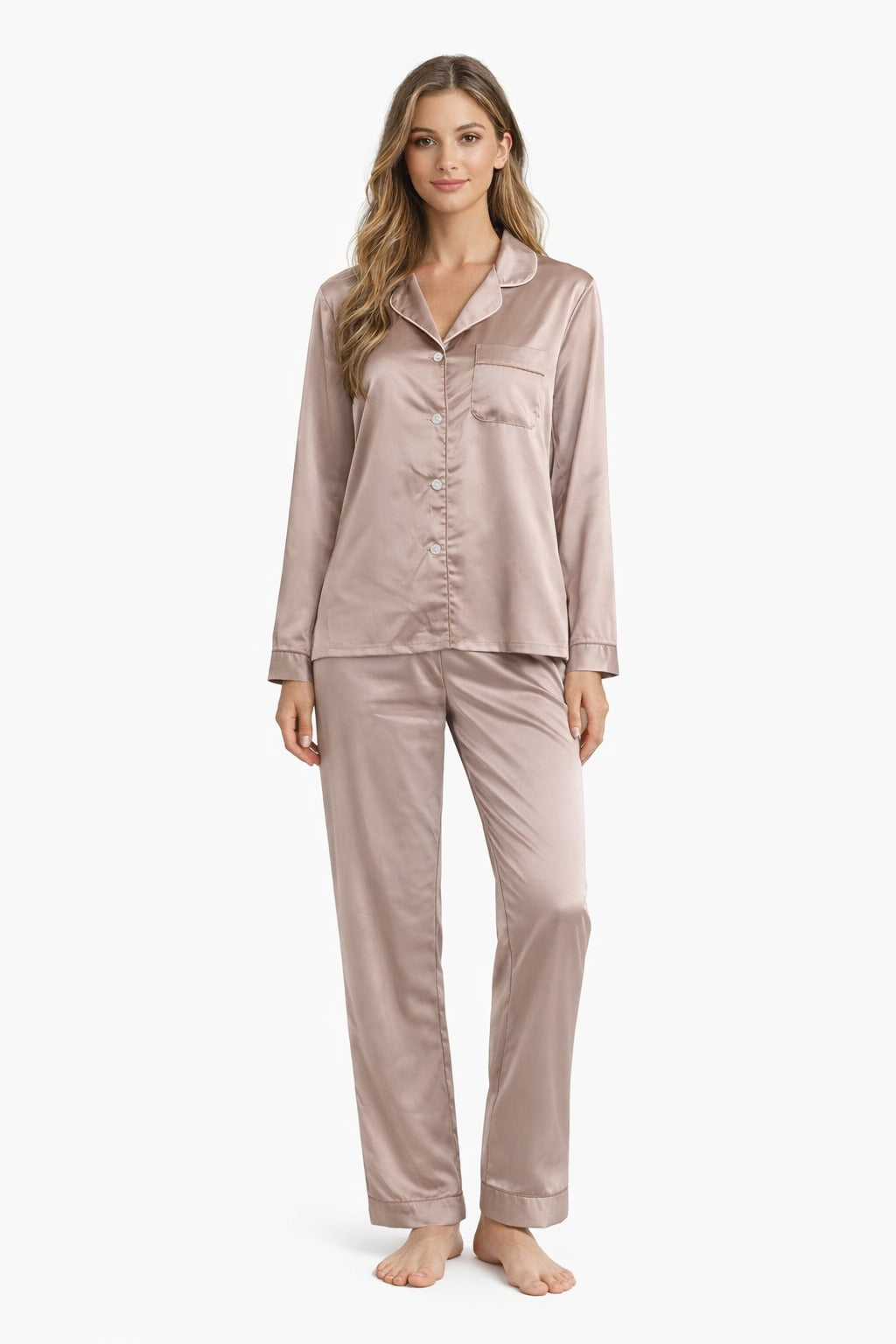 PYJAMA SATIJN - TAUPE WITH BROWN LINES