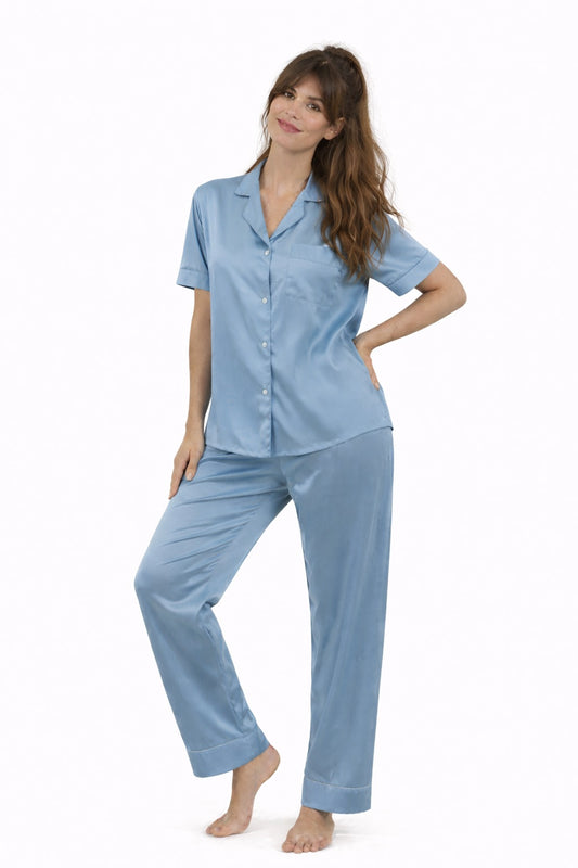 PYJAMA SATIJN KORTE MOUWEN - SKY BLUE