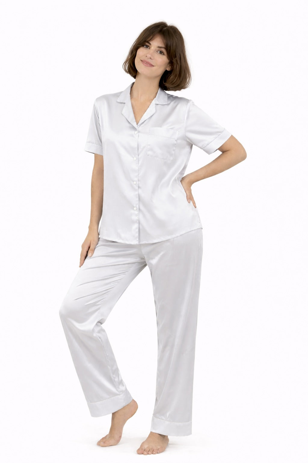 PYJAMA SATIJN KORTE MOUWEN - WHITE